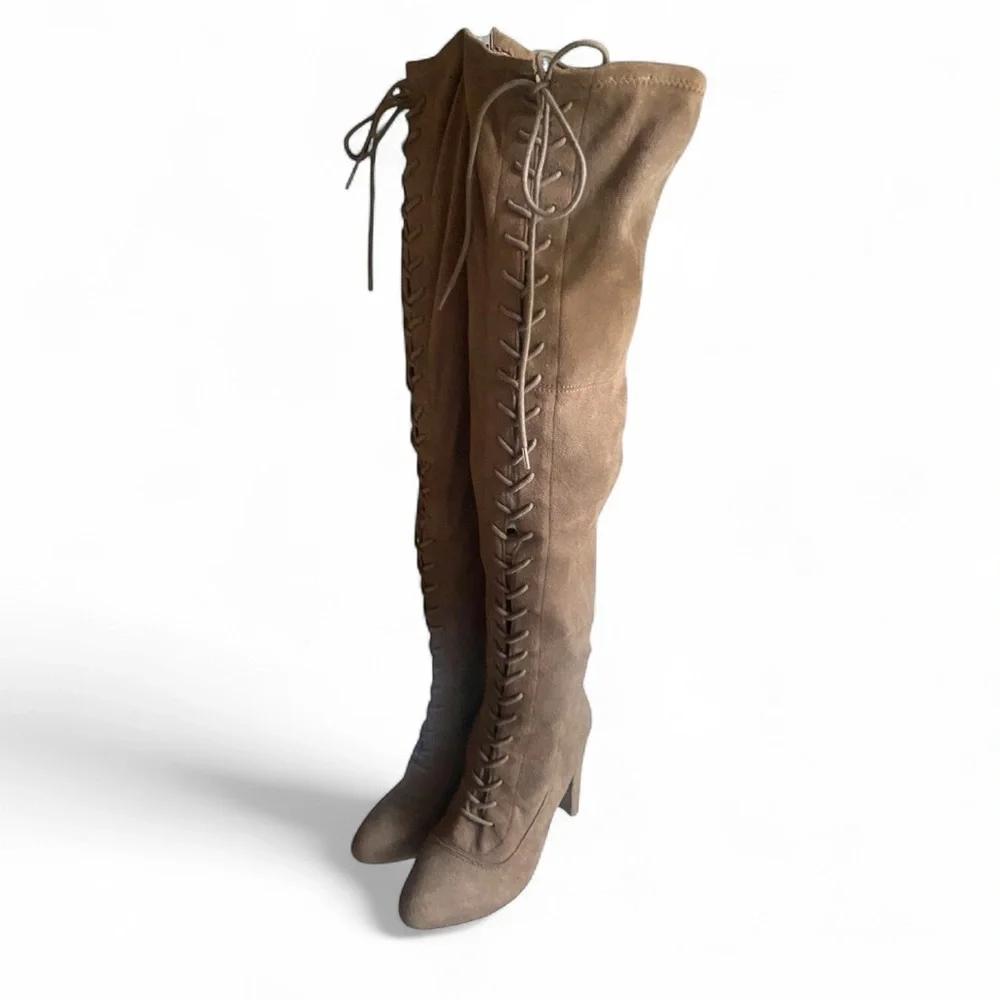 WILD DIVA Faux Suede Lace Up Front Over the Knee Heeled Boots Size 7 Brown